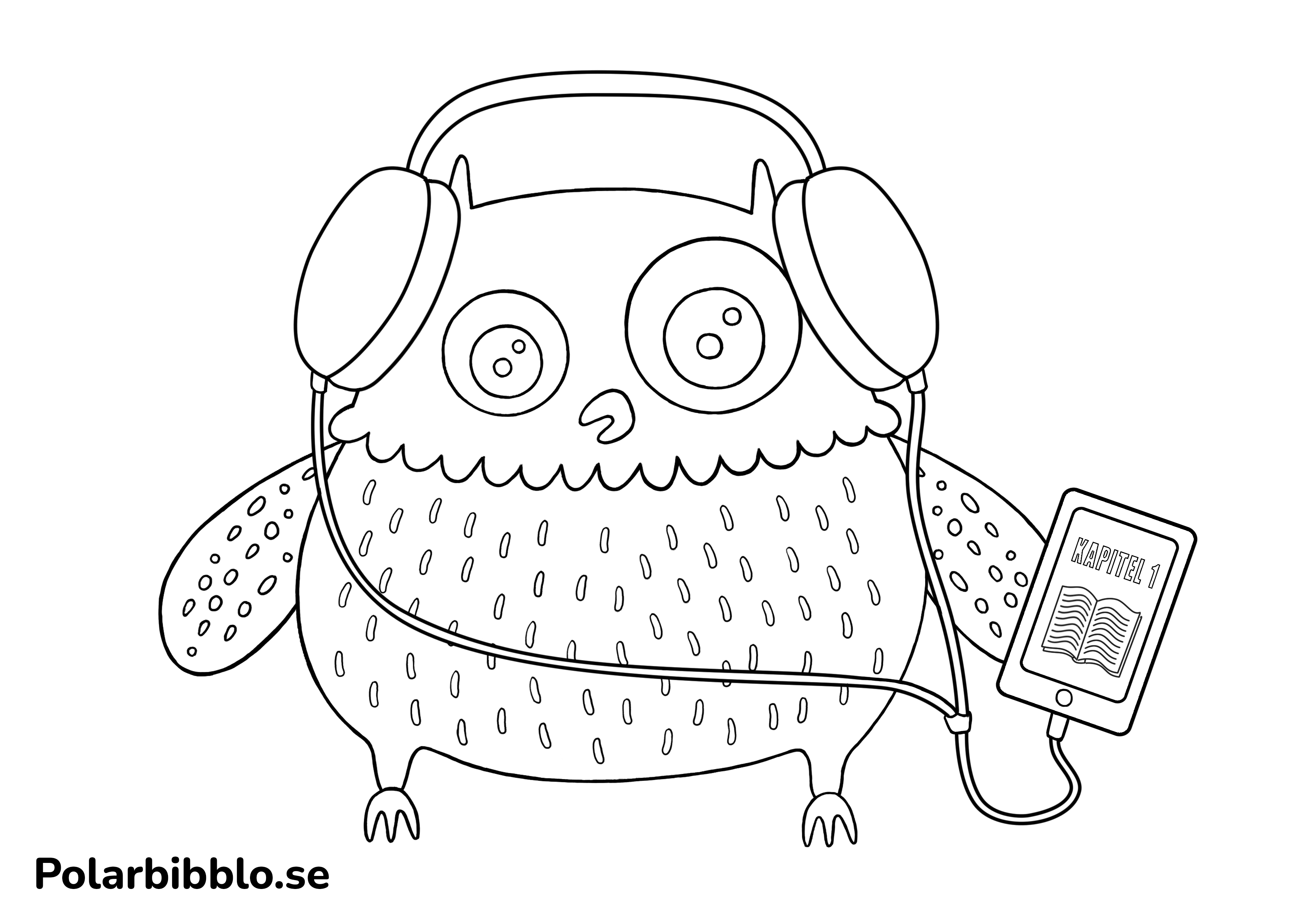 Färgläggningsbild på Polarugglan som lyssnar på en ljudbok.