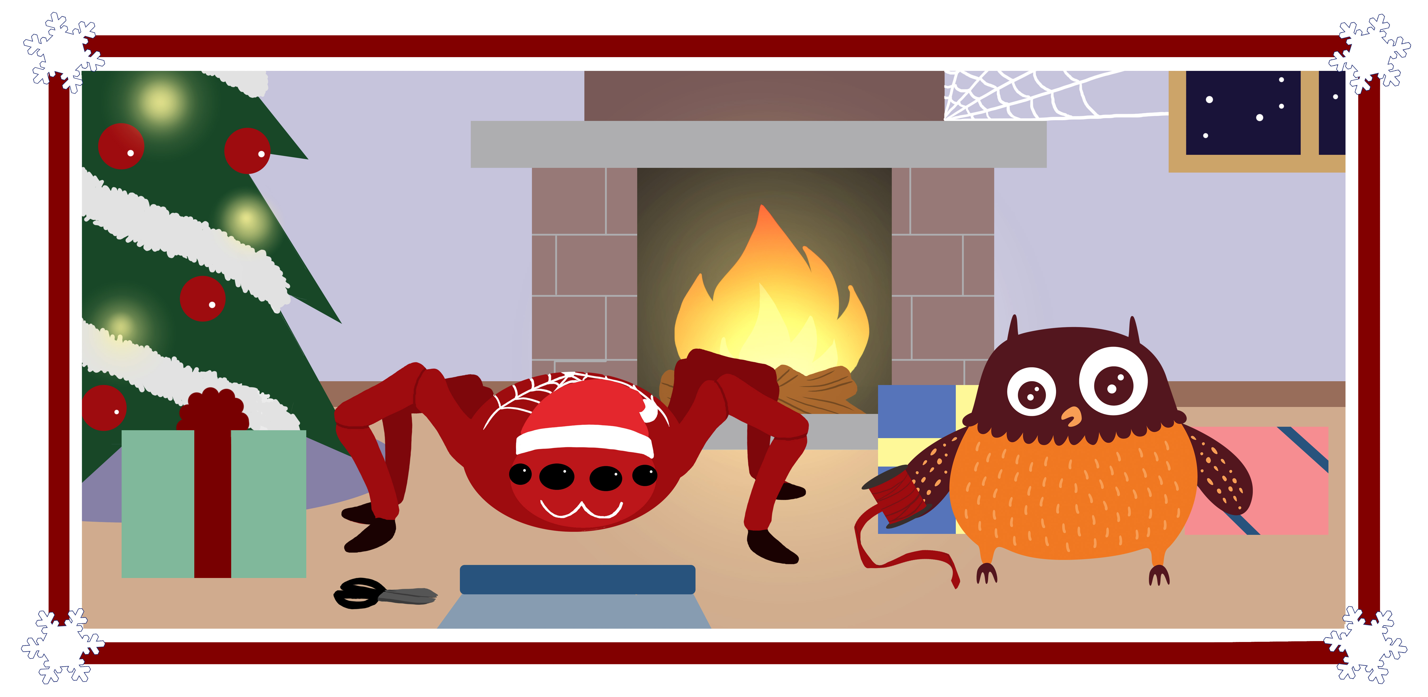 Polarugglan och Spindeln slår in julklappar.