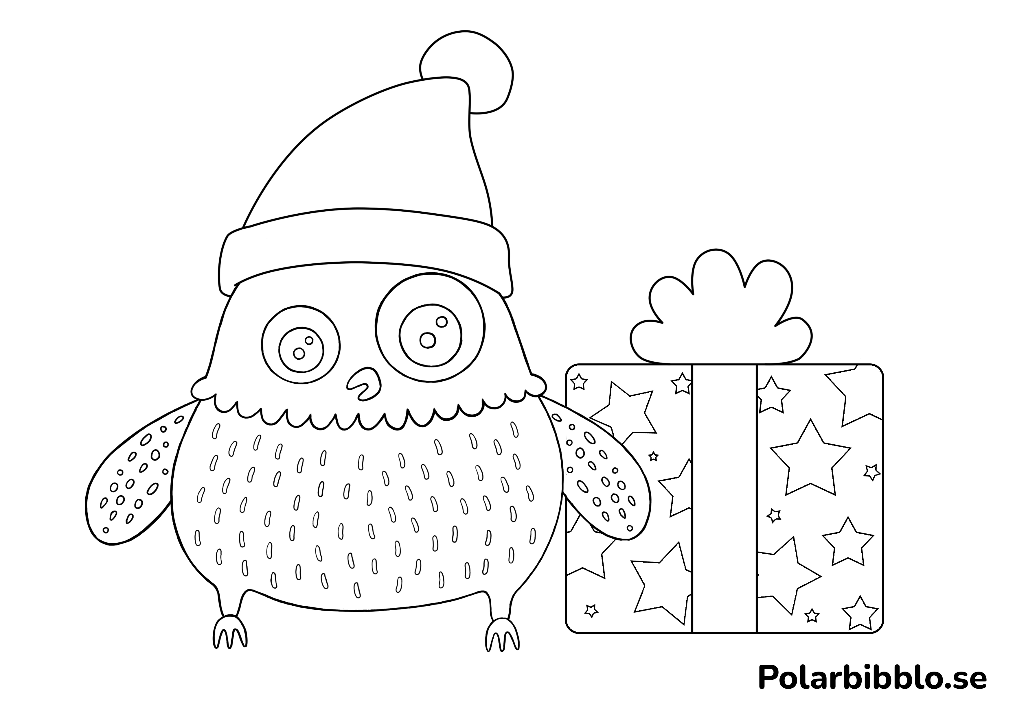 Färgläggningsbild på Polarugglan med ett paket och tomteluva.