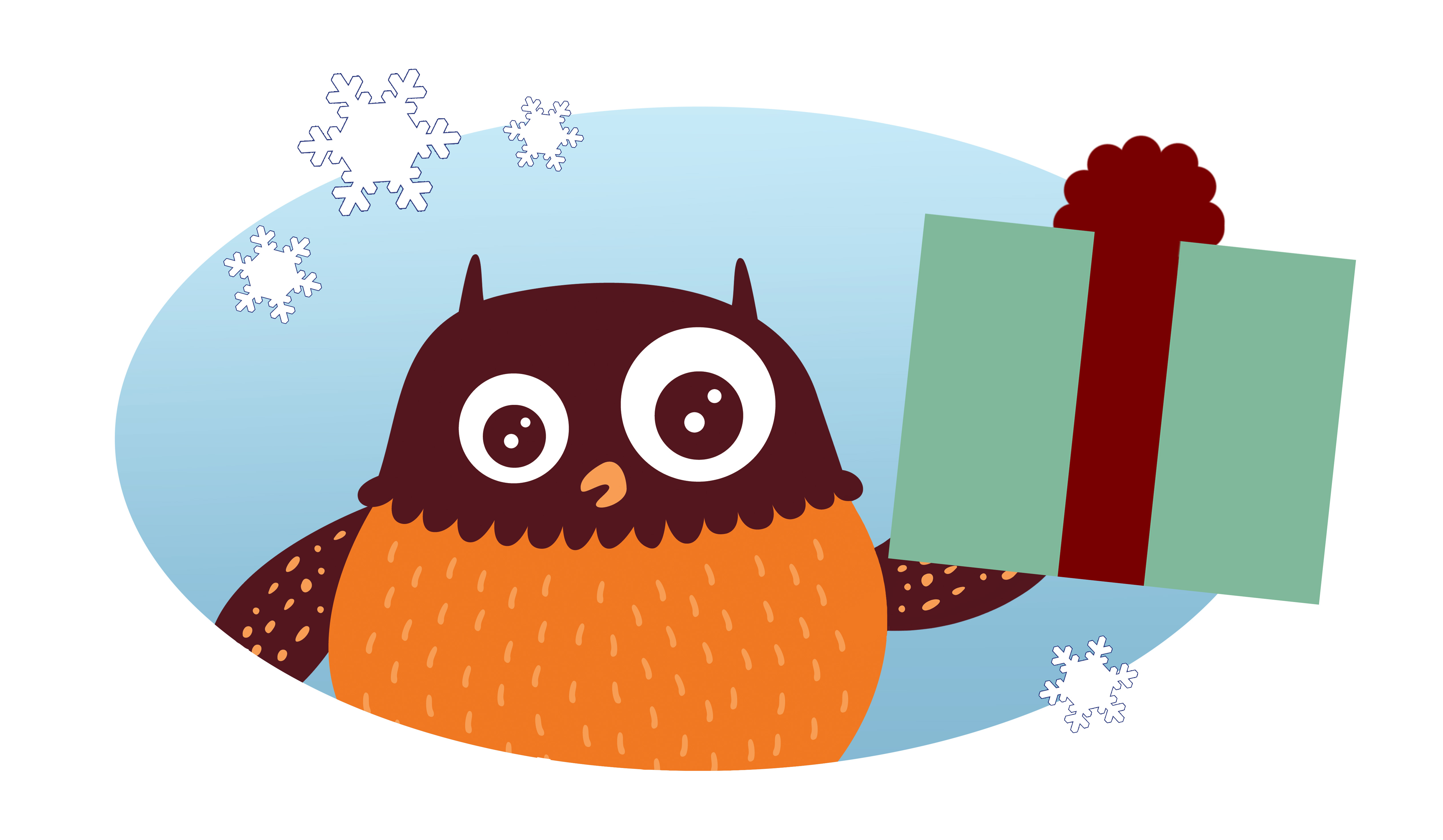 Polarugglan som håller i en julklapp.