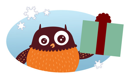 Polarugglan som håller i en julklapp.