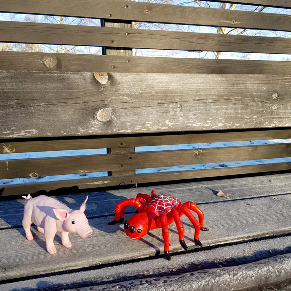 Grisen och Spindeln sitter på en bänk.