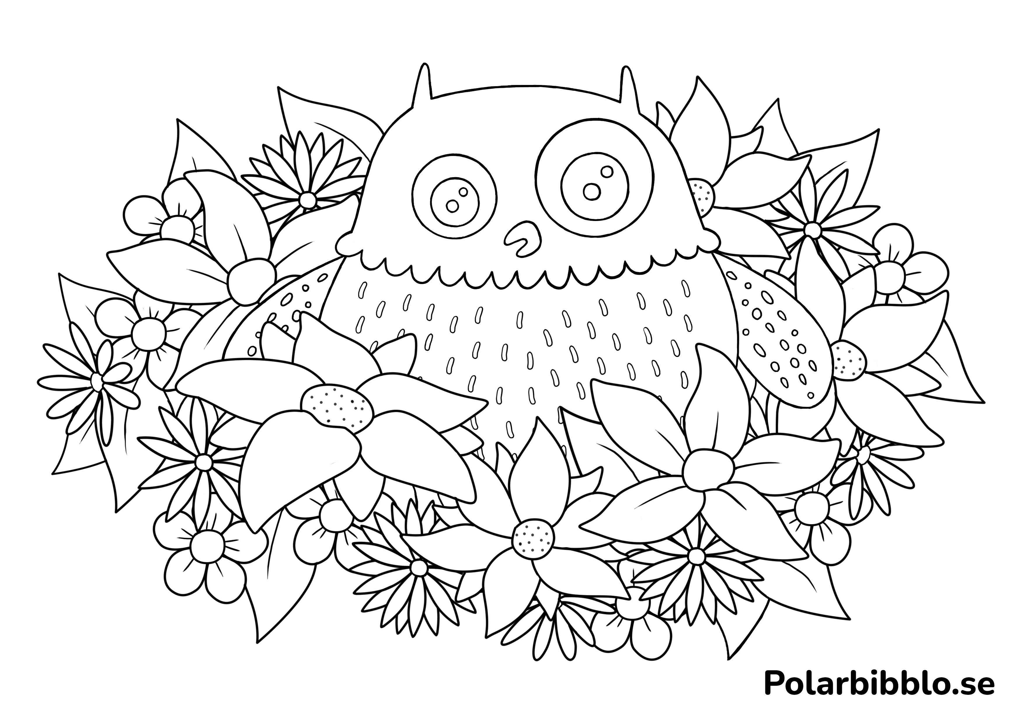 Färgläggningsbild på Polarugglan omgiven av blommor.