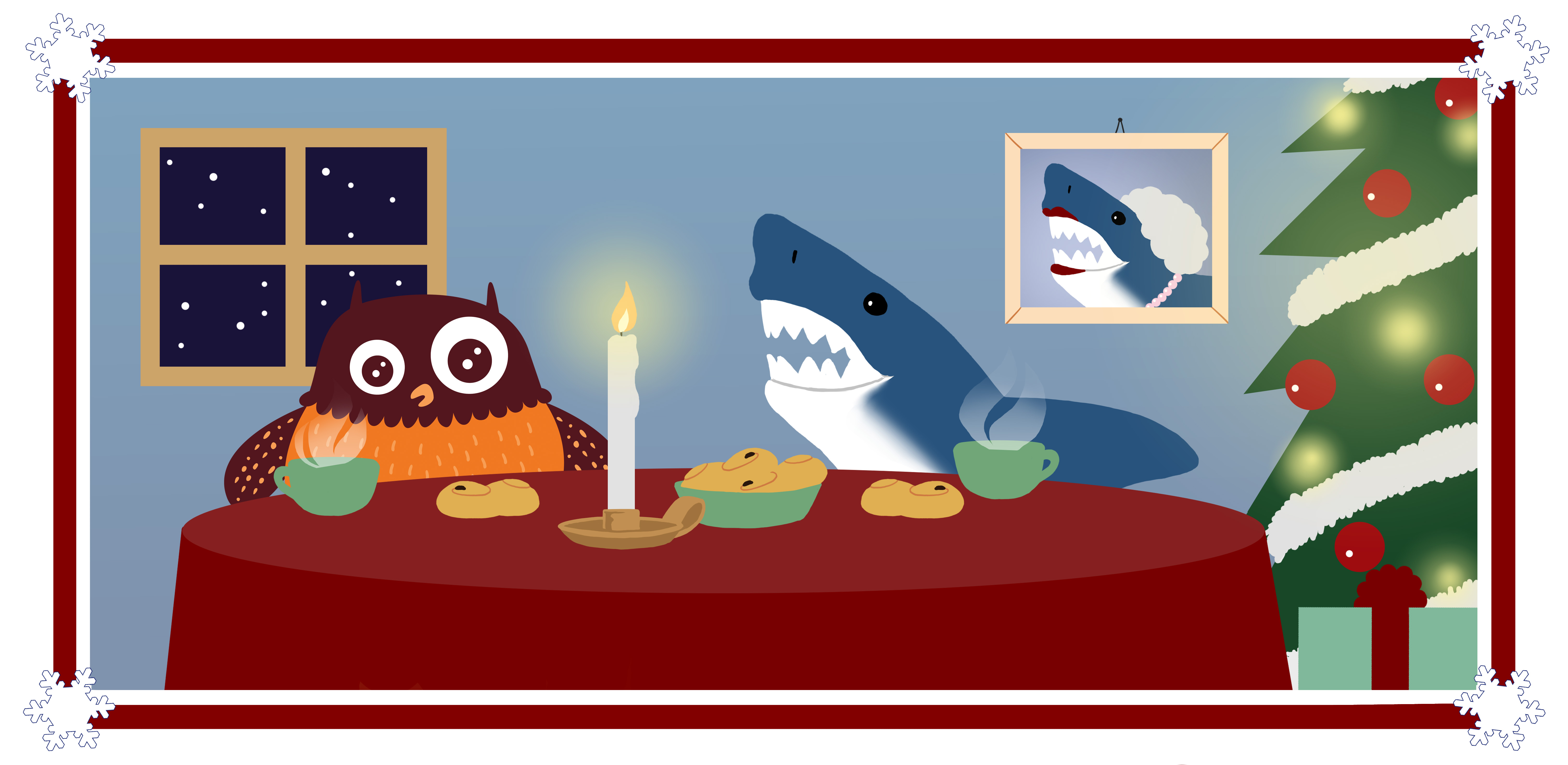 Polarugglan och Hajen äter lussekatter.