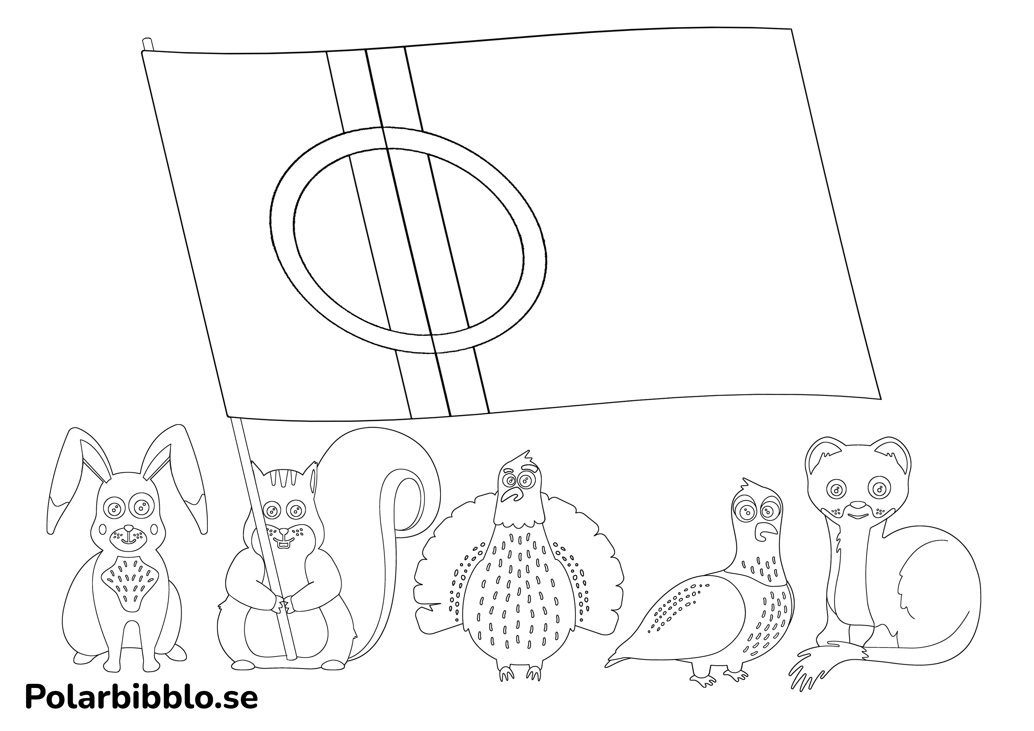 Färgläggningsbild på de samiska språkdjuren med den samiska flaggan.