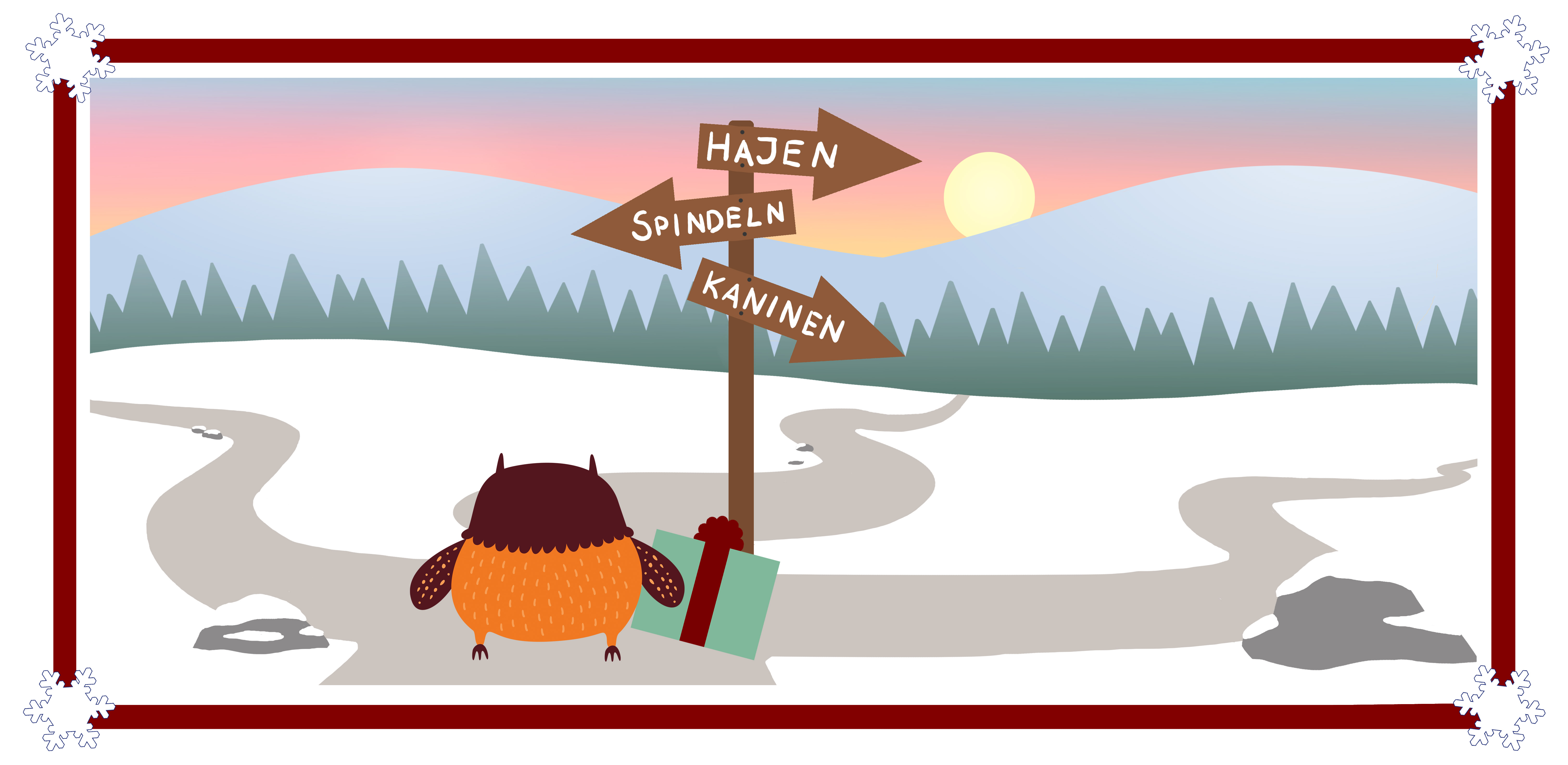 Polarugglan läser en vägskylt där det står "Hajen", "Spindeln" och "Kaninen".