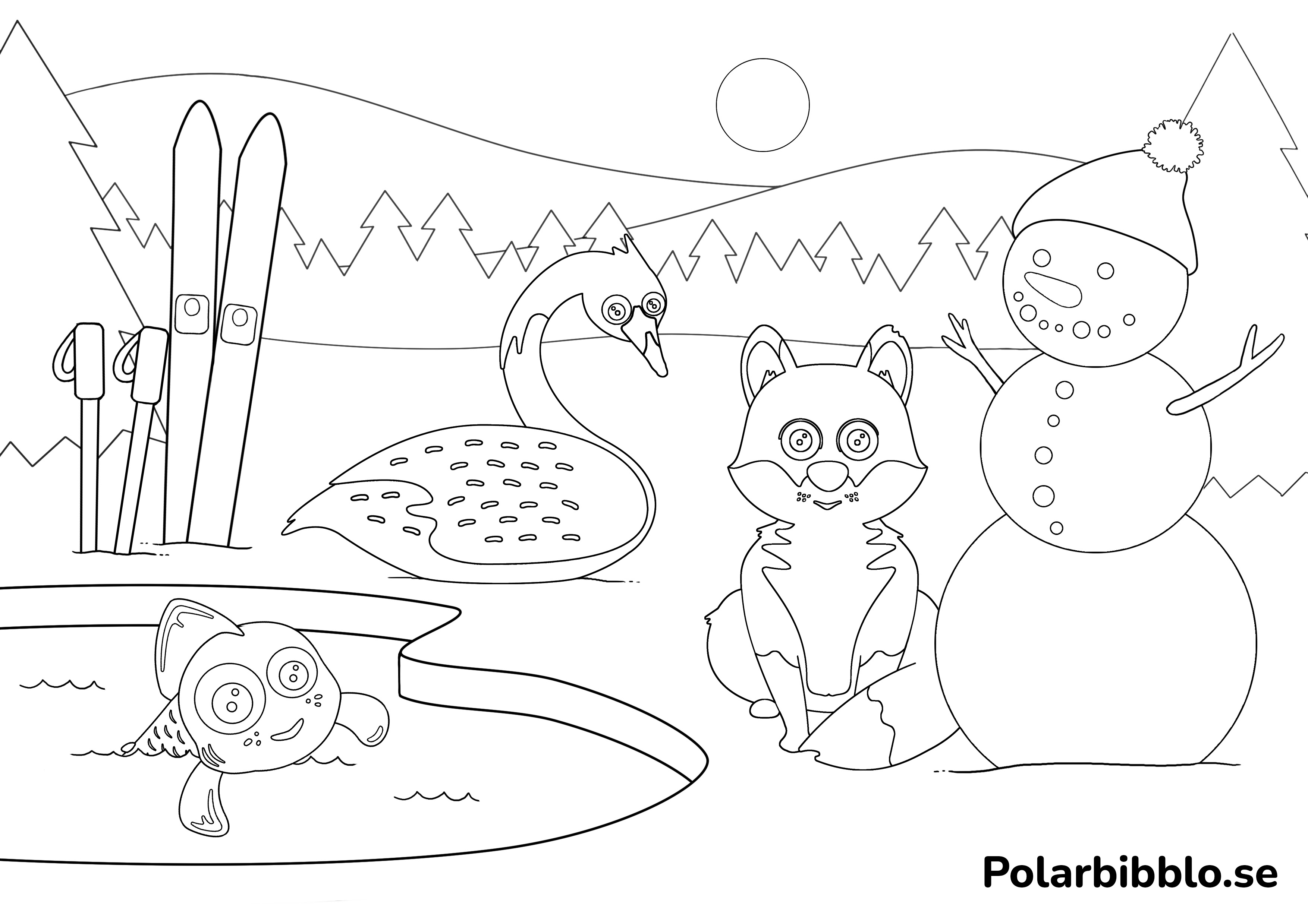 Färgläggningsbild med meänkielidjuren som är ute i ett vårvinterlandskap.