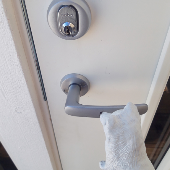 Fjällräven framför en dörr.