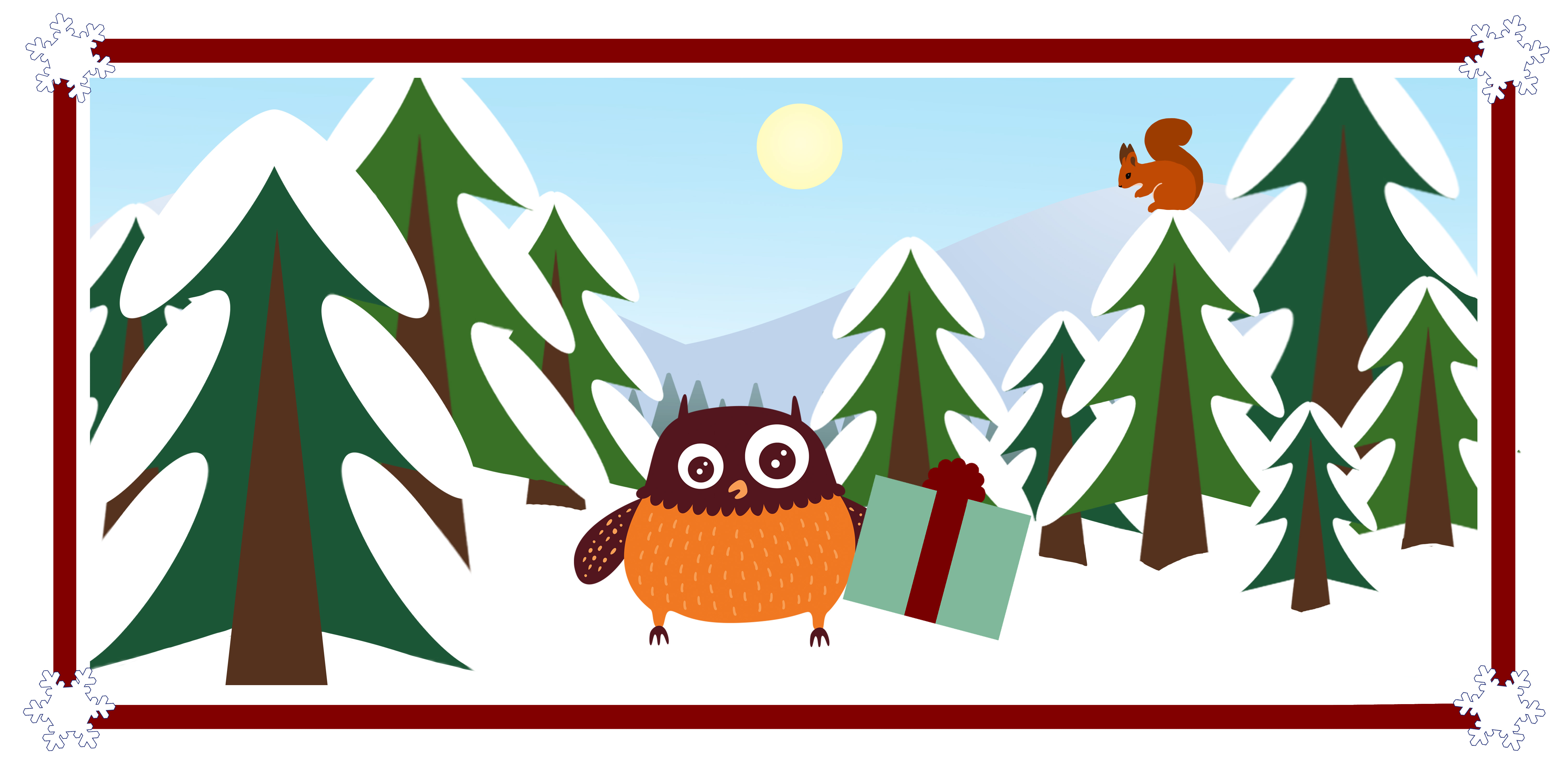 Polarugglan i skogen. En ekorre sitter i ett träd.